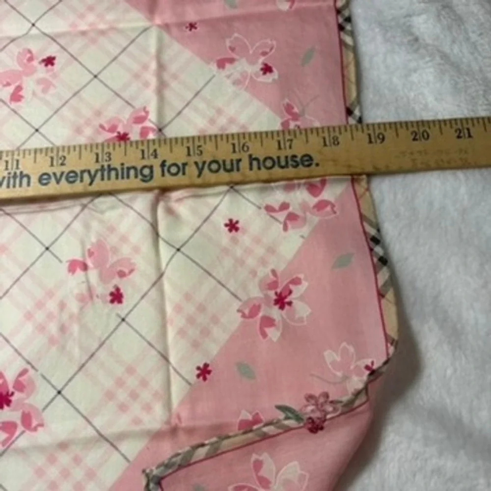 Vtg BURBERRY Scarf Handkerchief Cherry Blossom Floral Pink Cream 19